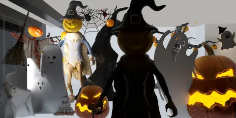 Halloween decorations featuring a spooky pumpkin figure with a witch hat and animated ghosts, creating a festive atmosphere in a modern interior design space; ideal for interior decor inspiration.