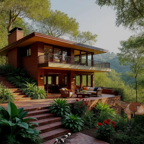 modern house exterior design showcasing 3D render of a contemporary style residence surrounded by lush greenery, ideal for enhancing outdoor living spaces with Homestyler's real-time 3D rendering feature