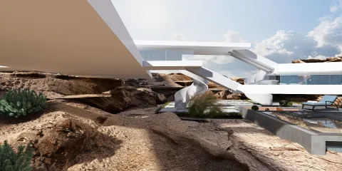 modern architectural design featuring a sleek white structure interacting with natural rocky terrain, showcasing innovative outdoor living spaces, enhanced by Homestyler's real-time 3D rendering feature for realistic renovation previews.