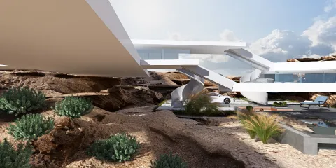 modern architectural structure showcasing exterior design with a focus on landscaping and integration with nature, featuring Homestyler's real-time 3D rendering for immersive visualization