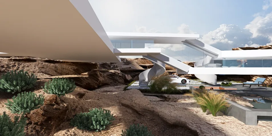 modern architectural structure showcasing exterior design with a focus on landscaping and integration with nature, featuring Homestyler's real-time 3D rendering for immersive visualization