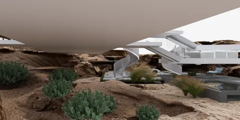 Modern architectural outdoor space featuring a sleek spiral staircase and integrated landscaping with succulents, showcasing 3D interior design concepts with a focus on outdoor living areas; utilizing Homestyler's real-time 3D rendering feature for effective design visualization.