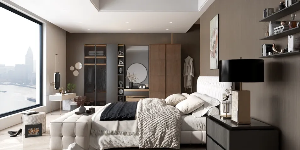modern bedroom design featuring a sleek bed arrangement, minimalist decor, and large windows with city views, showcasing interior decor ideas using Homestyler's real-time 3D rendering feature.