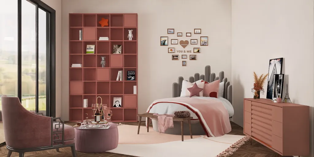 a bedroom with a bed, a dresser, and a book shelf 