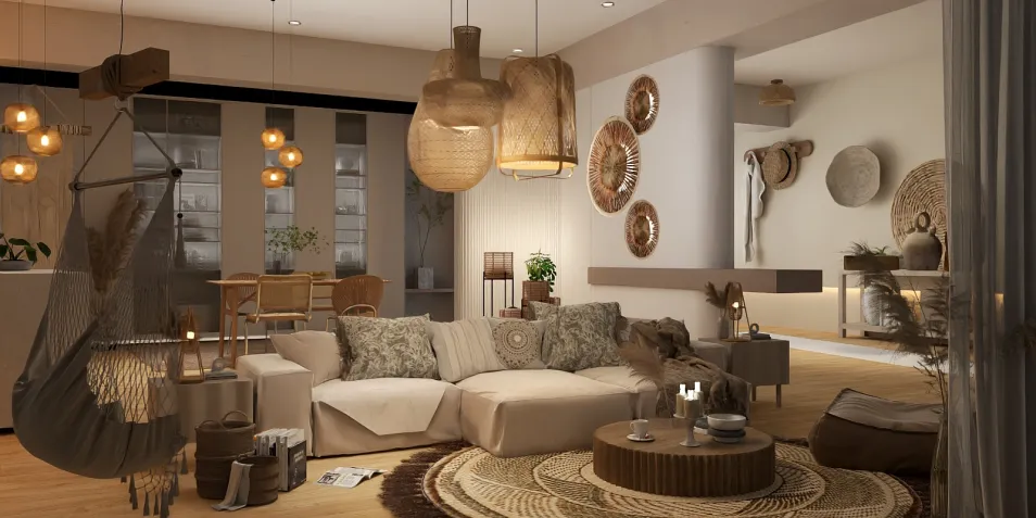 cozy living room with natural textures featuring a woven couch, soft lighting, and decorative wall hangings, showcasing a modern bohemian style interior design; utilizes Homestyler's real-time 3D rendering for design proposal.