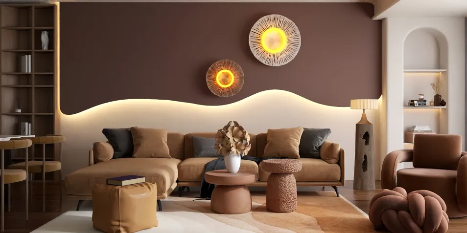 modern living room featuring a cozy sofa arrangement with warm-toned cushions, accentuated by artistic wall decor and ambient lighting, designed for optimal space utilization using Homestyler's real-time 3D rendering feature.