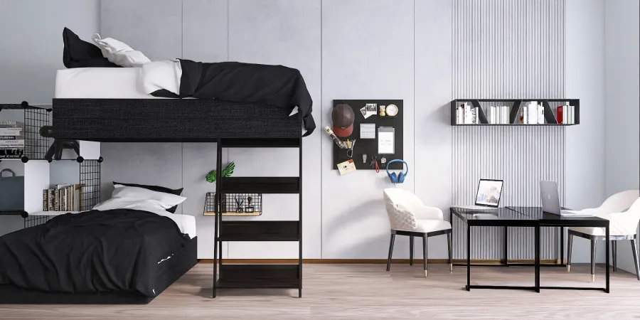 a bedroom with a bed, desk, and a chair 