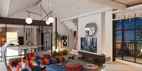 colorful sectional sofa arranged in a lively living room with modern decor and an open staircase, showcasing a vibrant interior design that highlights smart furniture layout functionality in Homestyler.