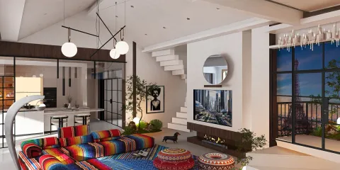 colorful sofa in a modern living room showcasing 3D interior design style with a cozy atmosphere using Homestyler's real-time 3D rendering feature
