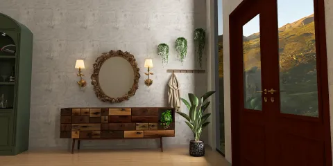 Wooden console table with decorative items and mirror in a modern entryway, showcasing a rustic style for enhancing interior decor, utilizing Homestyler's real-time 3D rendering feature.