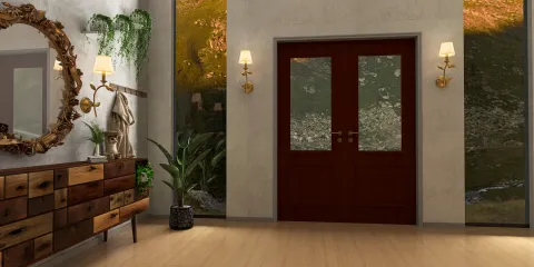 A welcoming entrance with wooden furniture and decorative mirrors, showcasing a rustic style, enhancing the foyer's appeal through interior design optimization with Homestyler's real-time 3D rendering functionality.