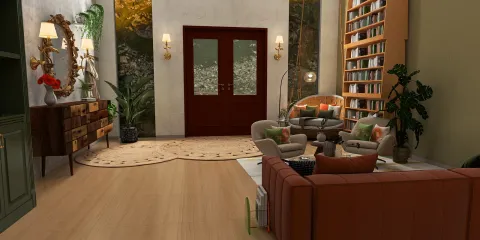 modern living room furniture arrangement featuring a cozy sofa and bookshelves, designed with Homestyler's real-time 3D rendering for an inviting interior decor ambiance.