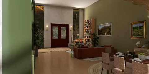 Modern living room featuring a cozy seating area with green walls, showcasing 3D interior design, optimizing space for relaxation, utilizing Homestyler's real-time 3D rendering for effective design proposals.