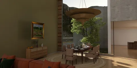 dining area featuring a modern wooden dining table surrounded by stylish chairs, designed with a contemporary style, showcasing an inviting ambience for family gatherings, utilizing Homestyler's real-time 3D rendering feature.