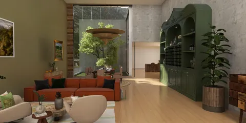 modern living room with open layout showcasing a cozy green sofa arrangement, featuring natural light and indoor greenery, enhancing space value with Homestyler's real-time 3D rendering for quick design previews