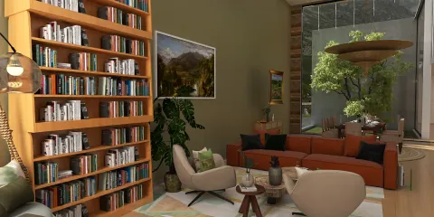 Modern living room with a cozy seating arrangement and large bookshelf displaying books, designed using homestyler's real-time 3D rendering for an inviting interior decor experience.