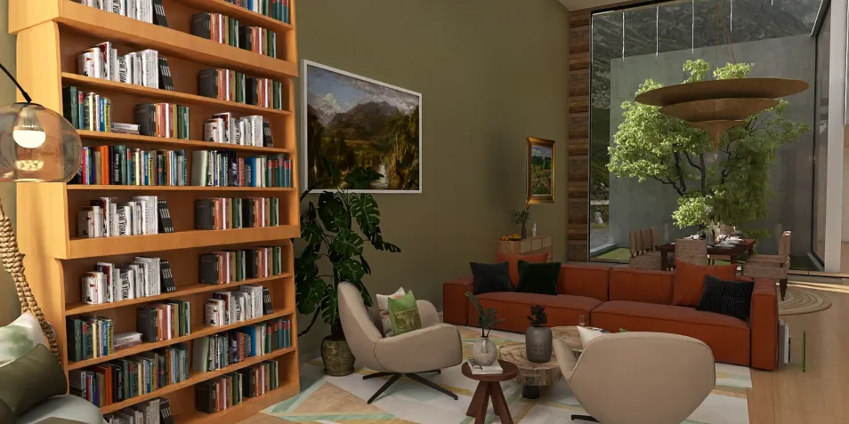 Modern living room with a cozy seating arrangement and large bookshelf displaying books, designed using homestyler's real-time 3D rendering for an inviting interior decor experience.