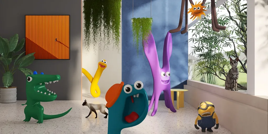 a painting of a bunch of colorful animals in a room 