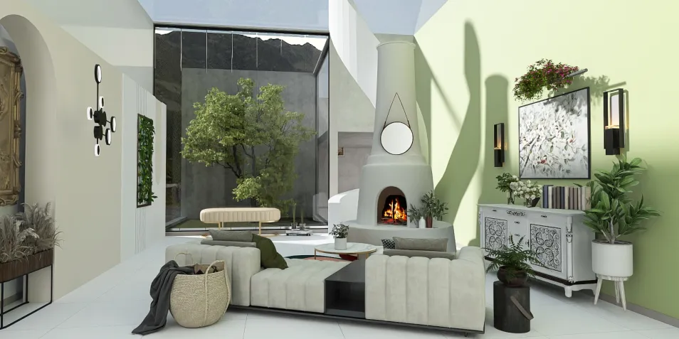 modern living room interior design featuring a cozy fireplace with a lush indoor tree, using Homestyler's real-time 3D rendering for an immersive preview.