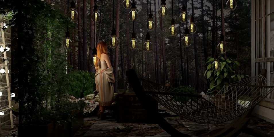 Woman enjoying the serene outdoor space with ambient lights in a forest setting, showcasing a cozy balcony design that emphasizes relaxation and nature; features Homestyler's real-time 3D rendering for accurate design previews.
