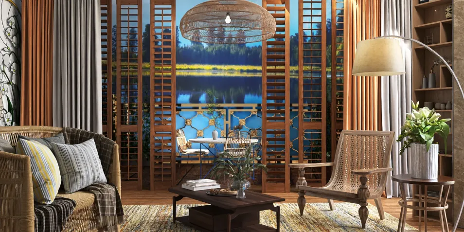 cozy living room featuring a natural wood decoration style with a lake view mural, showcasing Homestyler's real-time 3D rendering for interior design visualization.