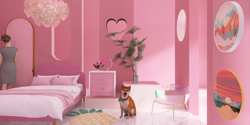 a bedroom with a pink bed, a pink wall and a pink wall 