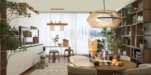 kitchen dining area with a round wooden table displaying fruits and plants, incorporating an open-concept design style, optimal for modern interior decor, showcasing Homestyler's real-time 3D rendering feature.