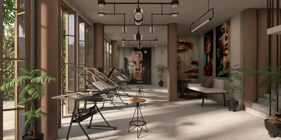 art studio showcasing contemporary artworks with modern furniture arrangement in a stylish interior, using Homestyler's real-time 3D rendering feature