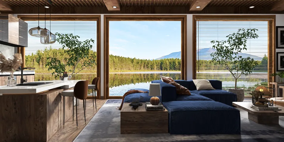 modern living room with large windows, showcasing a picturesque lake view, designed using Homestyler's real-time 3D rendering feature for an immersive interior decor experience.