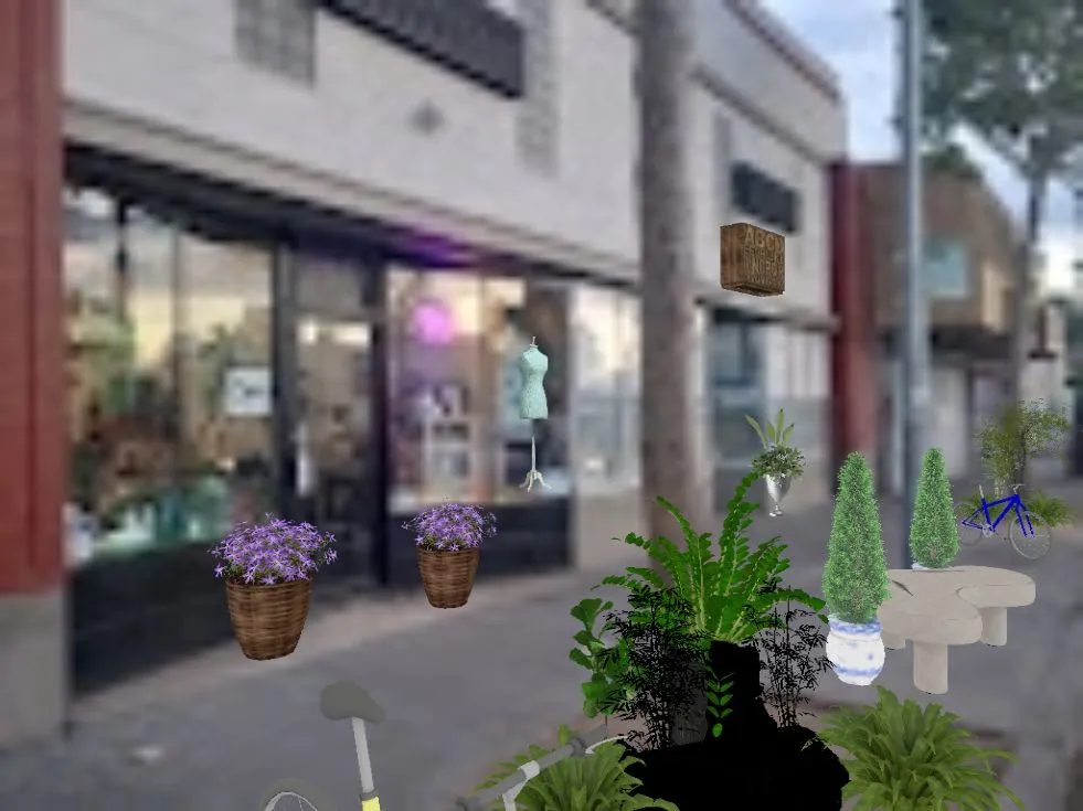 a flower pot sitting on a sidewalk next to a building 