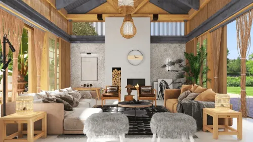 Spacious living room with wooden elements, large windows, cozy seating, and indoor plants, by SvetlySveva in Homestyler.