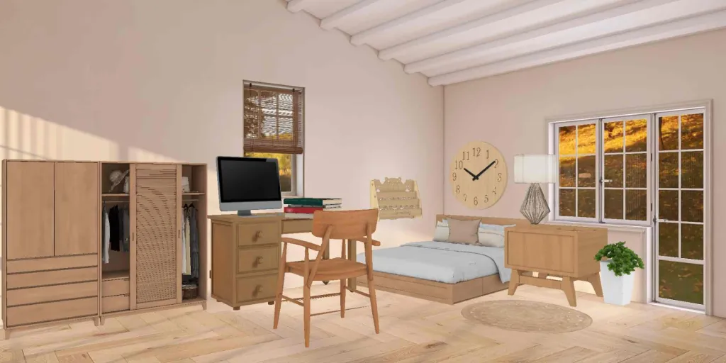 a room with a bed, chair, table and a clock 