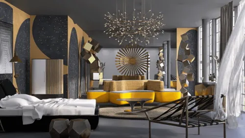 Modern eclectic living room with gold accents, unique geometric decor, and stylish lighting, designed by glacimussi Mussi in Homestyler.