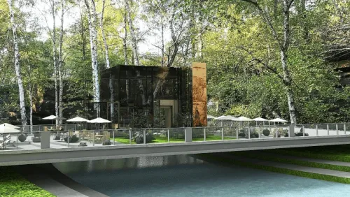 Modern glass building surrounded by lush trees, outdoor seating, and reflective pond, by Mirjana Nikic in Homestyler.