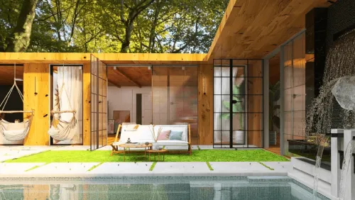 Modern patio with wooden accents, hanging chairs, glass doors, and a pool, designed by anjaa mmm in Homestyler.