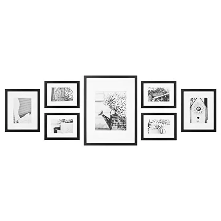 Gallery Perfect Multi-Size Picture Frame Set 7 Pack, Black Gallery Wall Frames with Hanging Hardware, Clear Glass - One 12x16, Two 8x10, Four 6x8 Matted Photo Frames for Wall Display