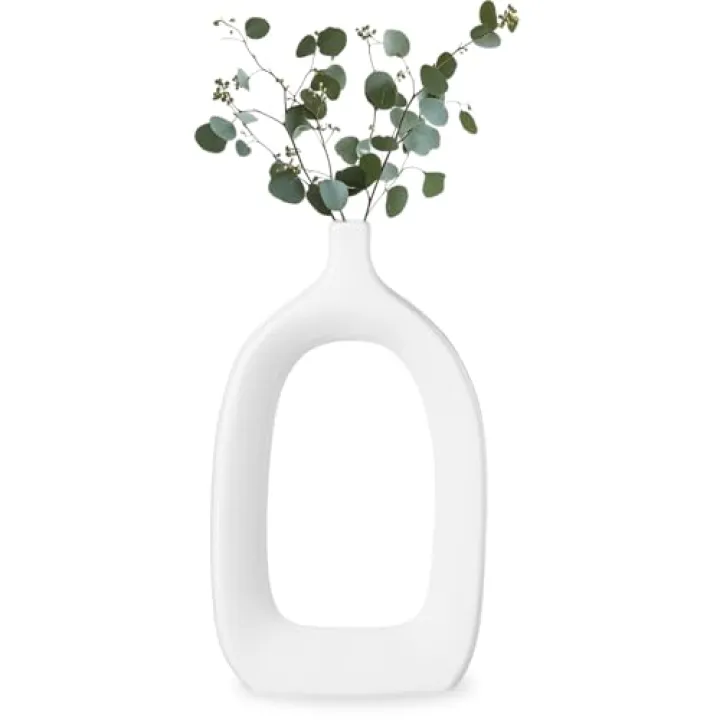 Torre & Tagus 15" Tall Ceramic White Hollow Vase - Abstract White Vase for Modern Home Decor, Handmade Gloss Finish Sculpture Design, Modern Table Decor for Entryway Table, Mantel or Shelf (Open)