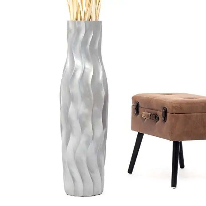 Leewadee Large Silver Home Decor Floor Vase - Wooden 34 inch Tall Farmhouse Decor Flower Holder for Fake Plant and Pampas Grass