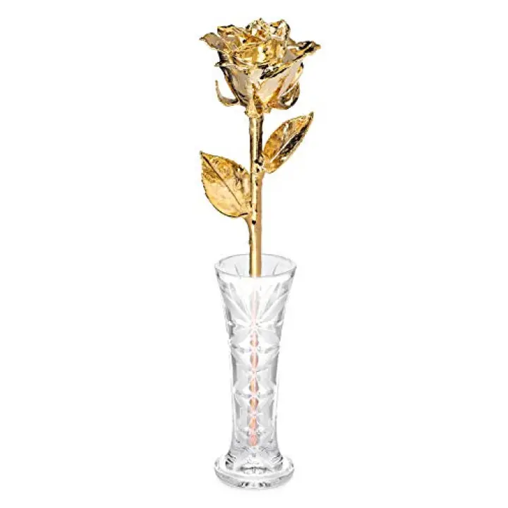 Real Rose Dipped in 24k Gold w/Crystal Vase - Venus Rose (Open Bud)
