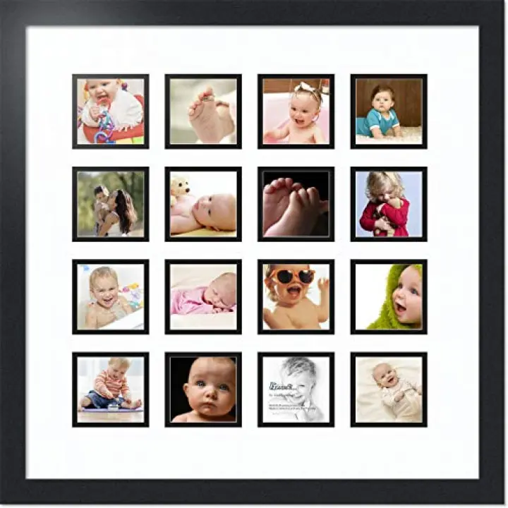 ArtToFrames Collage Photo Frame Double Mat with 16 - 3.5x3.5 Openings and Satin Black Frame