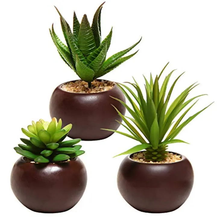 MyGift Succulents Plants Artificial, Fake Faux Indoor House Plants in Round Brown Ceramic Pots, Set of 3