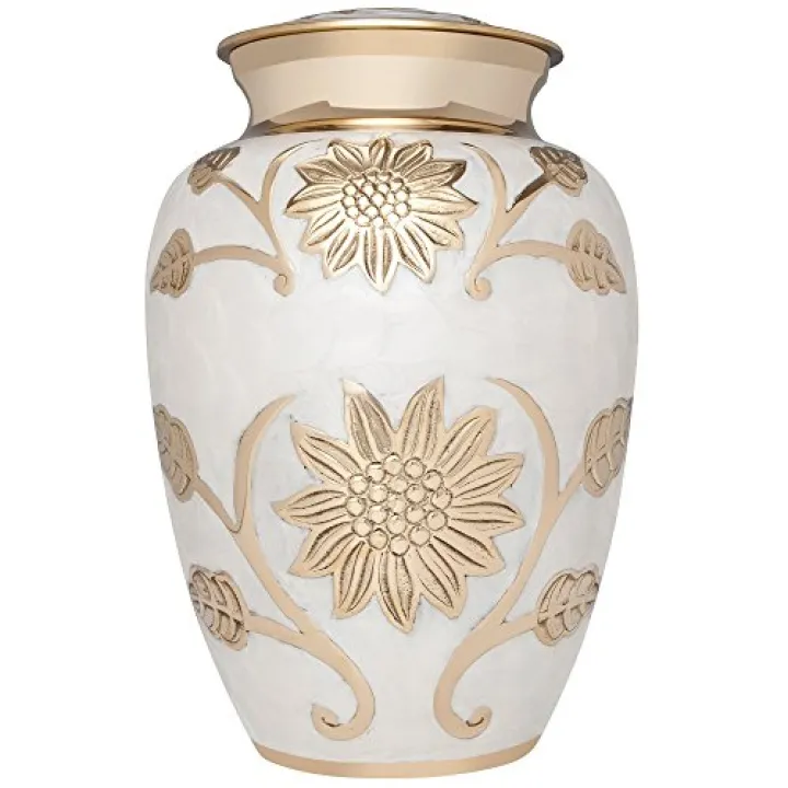 White and Gold Flower Funeral Urn by Liliane Memorials - Cremation Urn for Human Ashes - Brass- Suitable for Cemetery Burial or Niche- Large Size for Adults up to 200 lbs - Rose Lisette