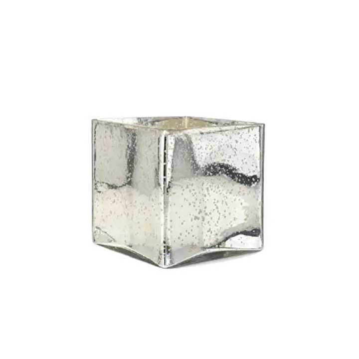 Serene Spaces Living Silver Mercury Glass Cube Vase – Handmade Vintage Inspired Vase with Antique Feel in 5” Cube Shape, Ideal for Weddings, Holiday Decor, Events, Home (Pack of 1)