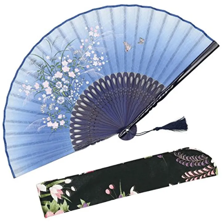 OMyTea® "Grassflowers 8.27"(21cm) Hand Held Folding Fans - With a Fabric Sleeve for Protection for Gifts - Chinese/Japanese Vintage Retro Style (Blue)