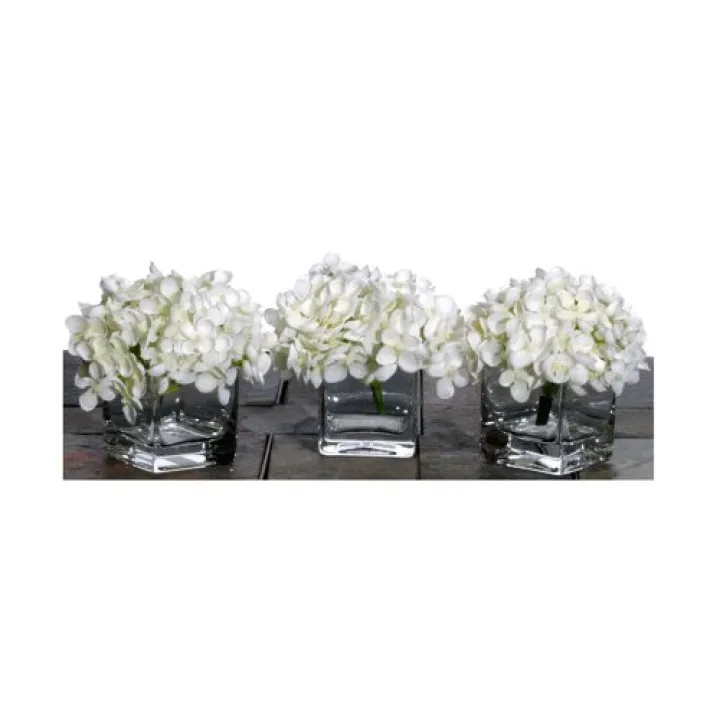 Vickerman Everyday Artificial White Mini Hydrangea Set of 3 - Faux Indoor Glass Vase Silk Floral Arrangement - for Home Or Office Decor