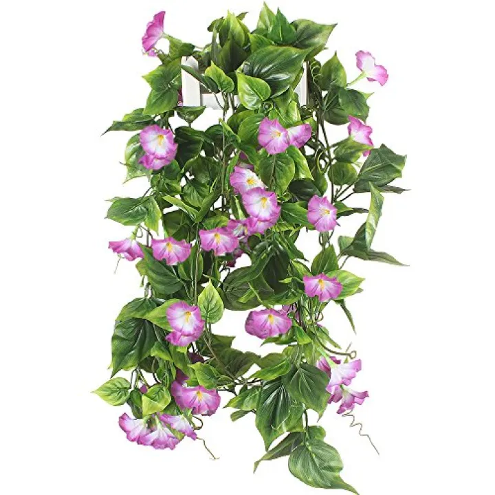 GTIDEA 2Pcs Artificial Vines,15Feet Morning Glory Hanging Plants Silk Garland Fake Green Plant Home Garden Wall Fence Stairway Outdoor Wedding Hanging Baskets Decor Purple