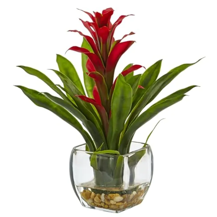 Nearly Natural 6897-RD Bromeliad with Glass Vase Arrangement, 11 in x 11 in x 12 in, Red