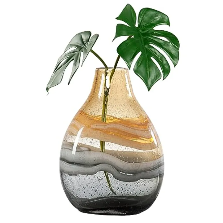Torre & Tagus 11" Mouth Blown Glass Vase for Home Decor - Large Amber Vases for Flowers, Watertight for Hydroponic Plants or Table Centerpiece in Living Room, Entryway, Wedding or Gift (Andrea)