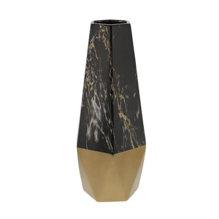 Deco 79 Ceramic Decorative Vase Faux Marble Centerpiece Vase with Gold Base, Flower Vase for Home Decoration 8" x 7" x 18", Dark Gray
