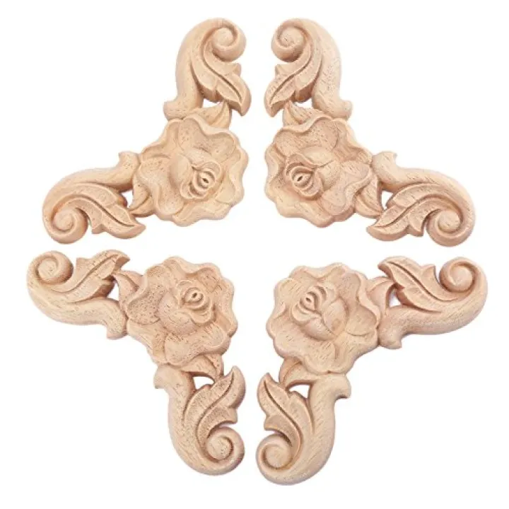 MUXSAM Wooden Carved Rose Appliques Onlays, 4-Pack Unpainted Rose Carvings Decals for Cabinet Drawer Wall Headboard Dresser Mirror Pew Cupboard etc Furniture Decoration(8x8cm/3.15"x3.15")